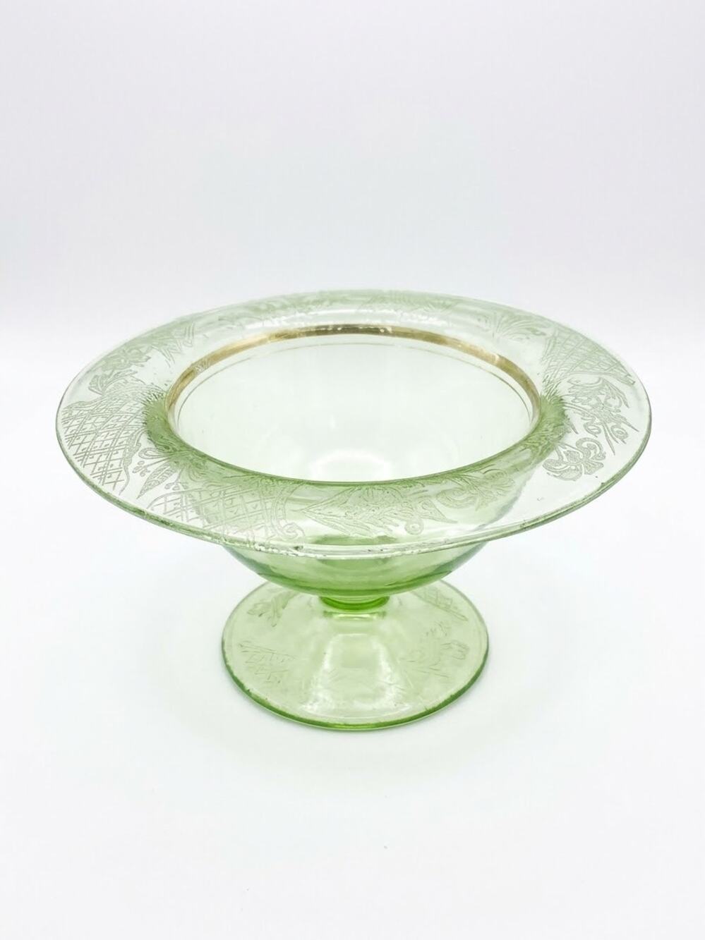 Vintage Green Depression Glass Etched Footed Bowl / Compote